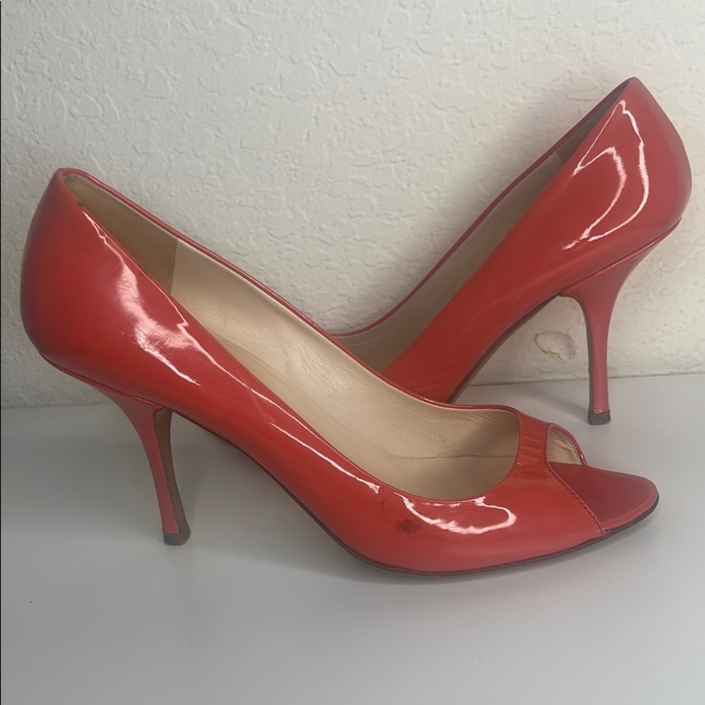 Preloved Authentic Prada peep toe patent leather heels orange/coral size 38 - Picture 1 of 9